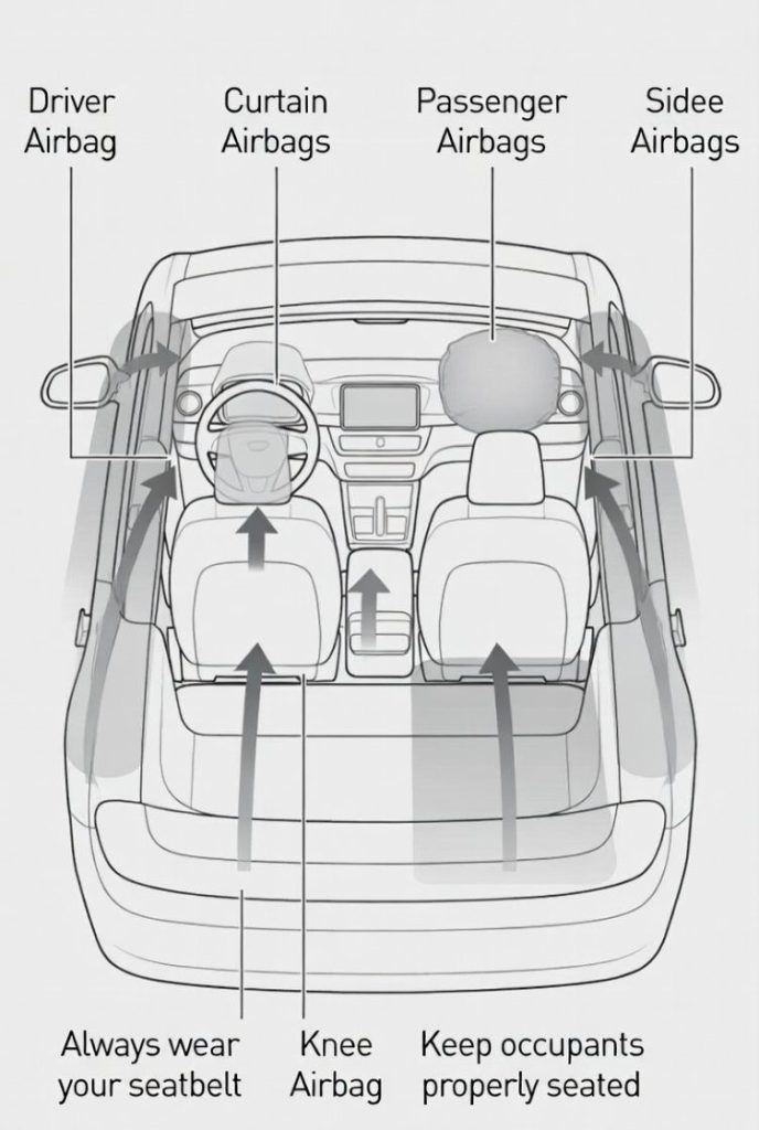 Diagram showing airbag deployment zones inside a compact SUV.