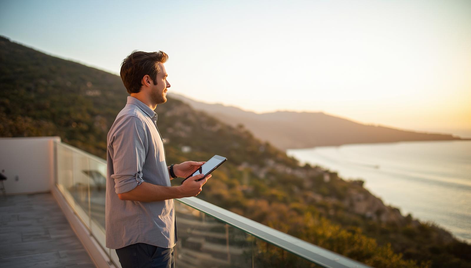 Man relaxes on hillside villa terrace overlooking coastal valley at golden hour.